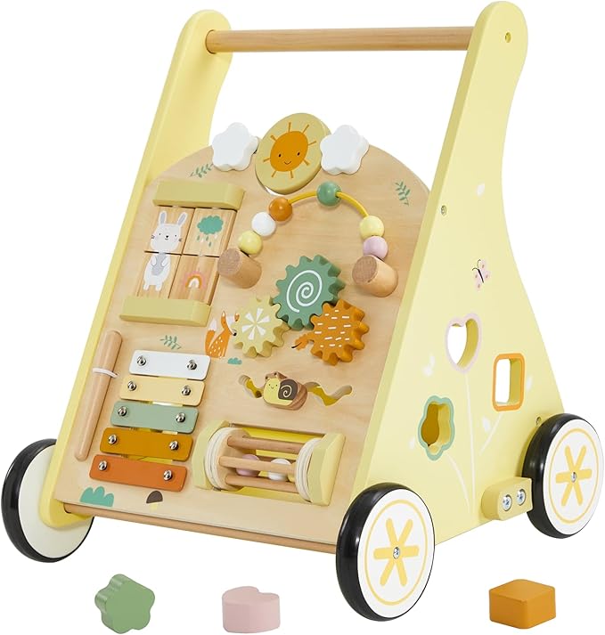 labebe Wooden Baby Walker, Push Walker for Baby Boys and Girls with Activity Center, Montessori Walker Push Toy for Toddler Learning to Walk