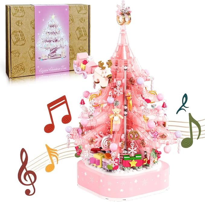 Christmas Tree Building Blocks Set, 675 PCS Pink Crystal Music Box with LED Light Adult Idea Kids Girls Toy 8-12