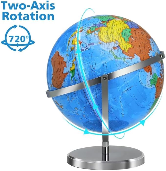World Globe with Stainless Steel Stand 13 inch, 720 Rotating & HD Waterproof Material, Teaching/Geographic/Decorative Globes with Clear Text for Elementary, Classroom, Home, School, Office