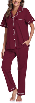 CF Womens 100% Cotton Pajamas Set Button Down Pjs Sets Short Sleeve Top & Long Pants Sleepwear Comfy Loungewear with Pockets