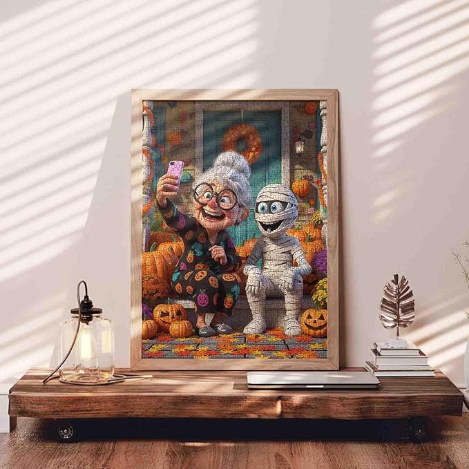 Halloween Funny Grandma Taking Selfie with Mummy 1000 Piece Jigsaw Puzzle for Adults Students 20×27 Inches Cute Autumn Jigsaw with Pumpkins Leaves and Festive Decor Gift for Family Fall