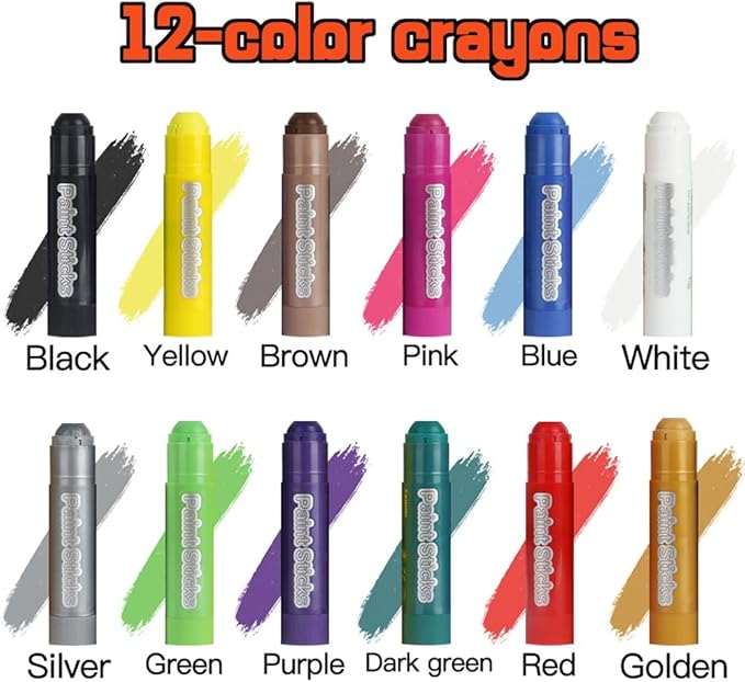 12 Metallic Colors Washable Tempera Paint Sticks, Quick Drying and Non-Toxic Paint Sticks for Kids and Toddlers