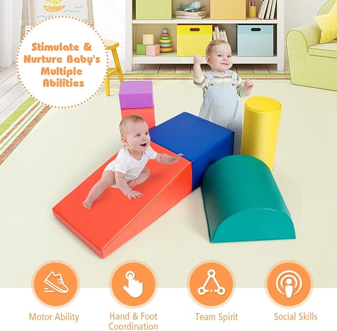 Costzon 6-Piece Kids Crawl and Climb Foam Play Set, Colorful Baby’s Foam Blocks to Crawling, Climbing, Walking, Children’s Educational Software Composite Toy for Toddlers, Preschoolers (Primary)