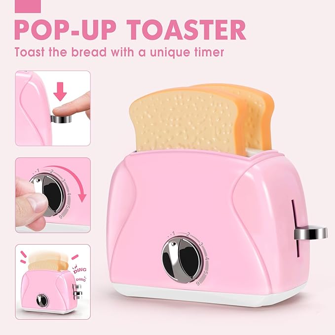 Pink Play Kitchen Appliances Toy Set with Coffee Maker Machine, Mixer, Toaster, Blender, Kids Kitchen Playset, Play Kitchen Accessories with Sound & Light, Birthday Gifts for Kid Girls Ages 3-5 4-8
