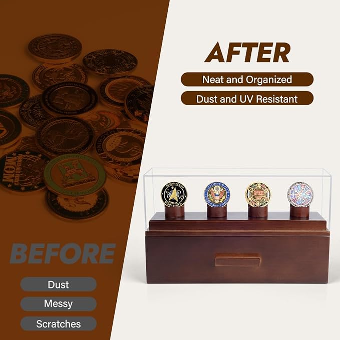 Challenge Coin Display Case, Military Coin Collection Holder with Wooden Coin Box, Drawers, and Clear Acrylic Lid – Gifts for Coins Collectors (4 Pillars)