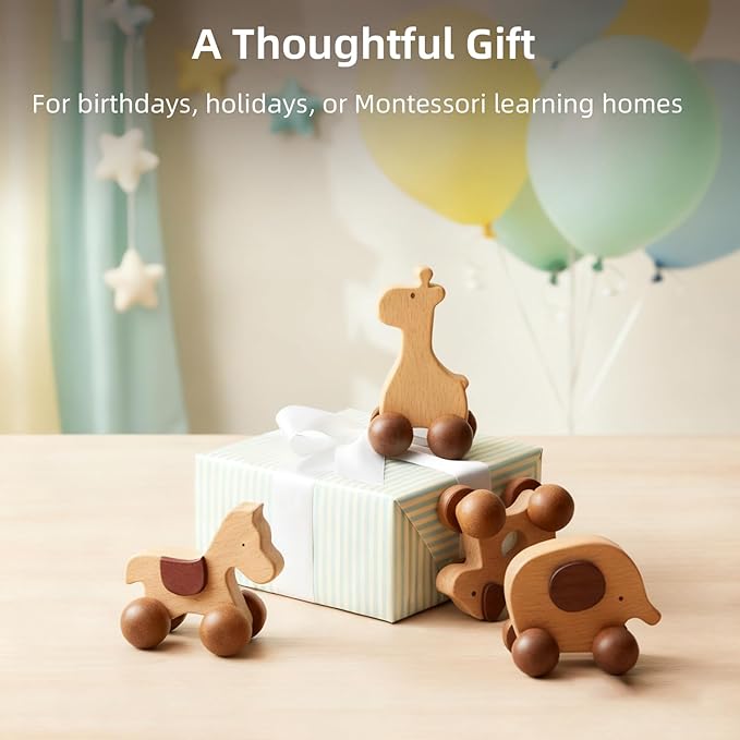 Wooden Push Car Toy Set – 4PCS Montessori Wooden Cars for Kids Age 3+ | Push & Pull Animal Toy Cars (Puppy, Elephant, Pony, Giraffe) | Safe Wooden Baby Toys Gift