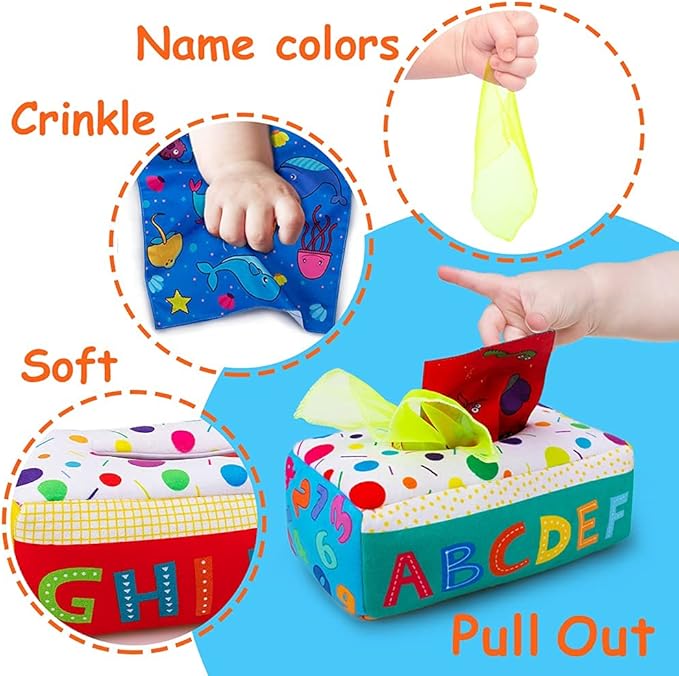 teytoy My First Baby Tissue Box, Soft Stuffed High Contrast Crinkle Montessori Square Sensory Toys Juggling Rainbow Dance Scarves for Toddler, Infants, Newborns and Kids Educational Preschool Learning