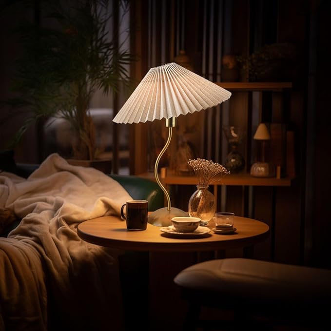 KUNJOULAM Small Pleated Table Lamp, Bedside Nightstand Lamp with Beige Lampshade, Morden Mini Lamp for Bedroom Home Office Decor, E12 Bulb Included