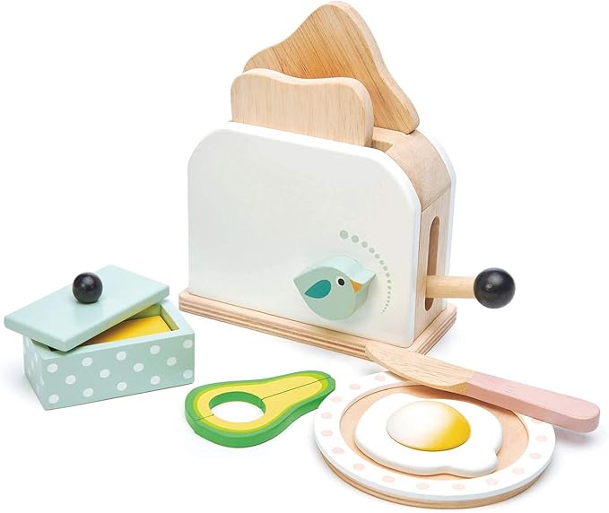 Tender Leaf Toys - Mini Chef Breakfast Toaster Set - 10 Pcs Classic Wooden Pop Up Toaster Toy for Pretend Cooking - Develops Social, Creative & Imaginative Skills Learning Role Play - Age 3+