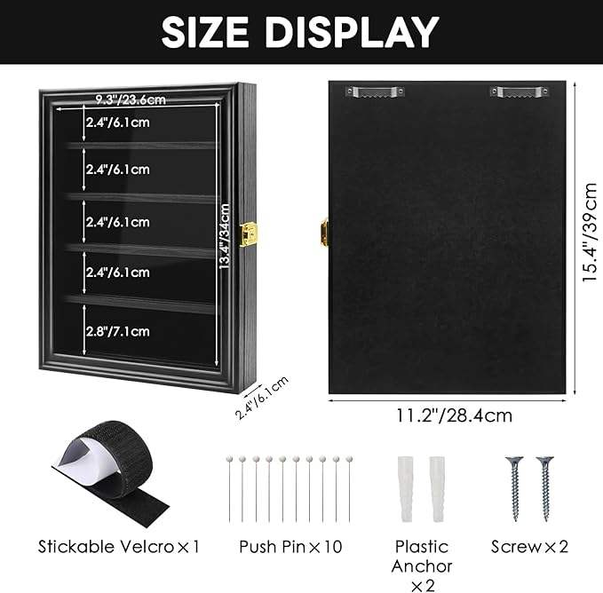 PiaoHao Medals Display Case Wall Frame for Collector, Military Challenge Coins Holder, Pins, Lockable Shadow Box with Removable Shelves, Black