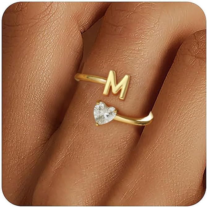 Gold Initial Rings for Women Girls - 18K Gold Plated Adjustable Letter A-Z Initial Ring Dainty Heart Zirconia Rings for Women Teen Girl Gifts