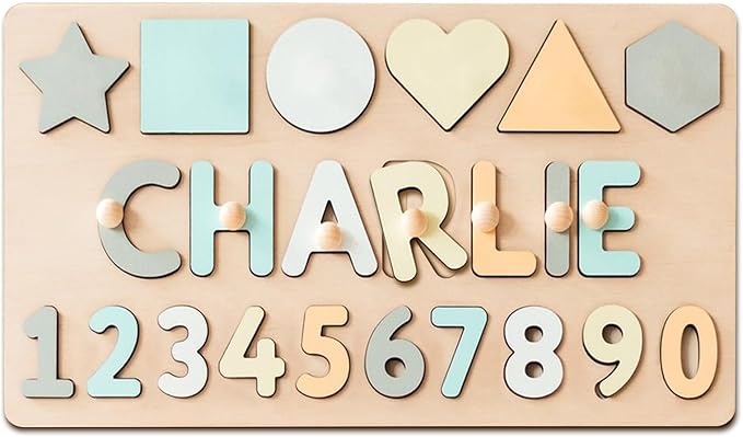 Name Puzzle for Kids Personalized Wooden Shapes Puzzles for Toddlers 1-3 Peg Puzzle Educational Toys Learning Number Customized Baby Gifts for Boys Girls First Birthday