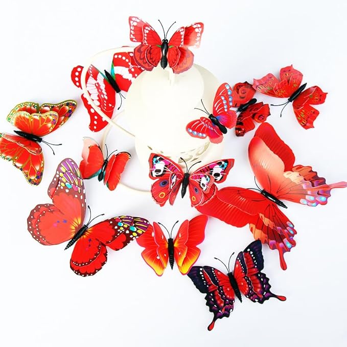 Mixed of 12PCS 3D Pink Butterfly Wall Stickers Decor Art Decorations¡­ (Red)