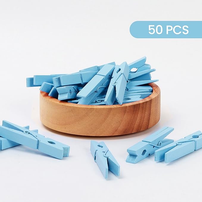 50PCS Colored Wooden Clothespins, 2.9inch Blue Clothes Pins for Clip Pictures Photos Decorative, Small Colorful Wood Decoration Closepins Clips