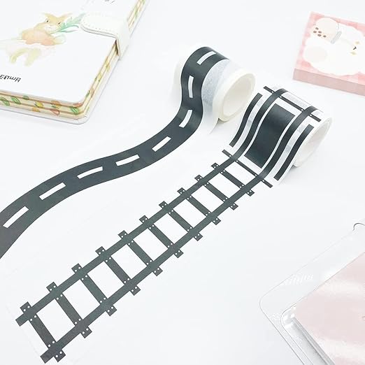 YUBX Highway Washi Tape Set 4 Rolls Black & White Decorative Masking Tapes for Arts, DIY Crafts, Journals, Planners, Scrapbook, Wrapping 50mm x 5m (2" x 16')