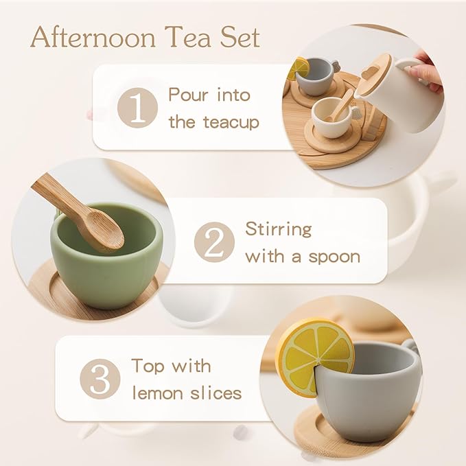 Wooden Tea Party Set for Little Girls 14pcs Toddler Tea Set with Silicone Teapot Cups Carrying Tray Scoop Kids Kitchen Accessories Pretend Play Wooden Toys for 3 4 5 6 Year Old Girl Birthday Gift
