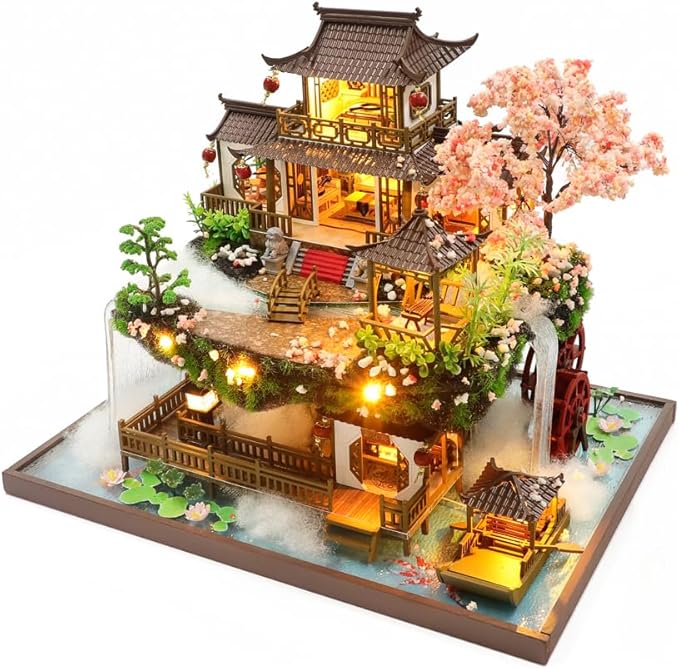 Yuzhen DIY Miniature Dollhouse with Furniture and LED Lights, Large Ancient Style Wooden Dollhouse Includes Dustcover and Music Movement