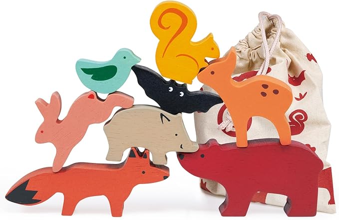 Mentari Toys - Happy Stacking Forest - 8pc Wooden Stacking Toy for Toddlers - Colorful Nature Theme Balancing Activity Toy with Bag - Boost Fine Motor Skills and Dexterity - Educational Toy - Age 18m+