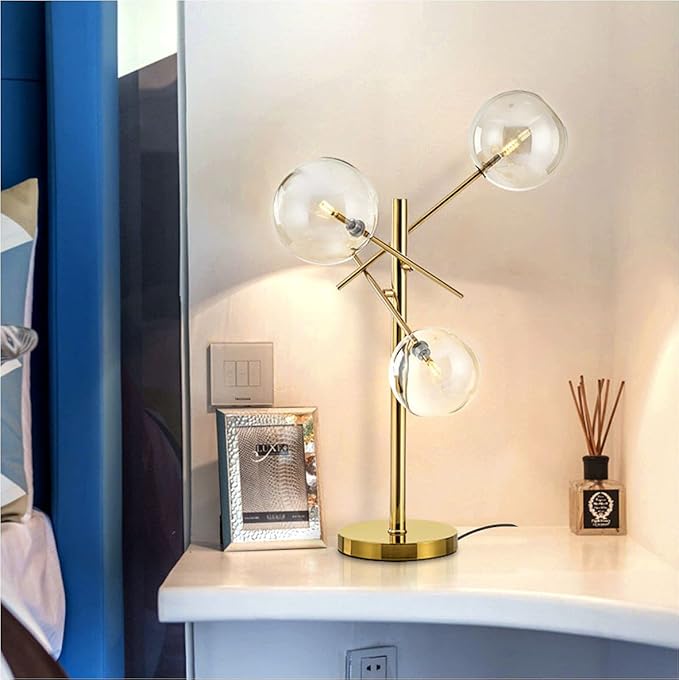 KCO Lighting Modern Gold Table Lamp 3-Light Glass Globe Night Lamp Mid Century Antique Brass Indoor Bubble Shade Standing Lighting Metal Desk Light for Bedroom Study Room Hotel