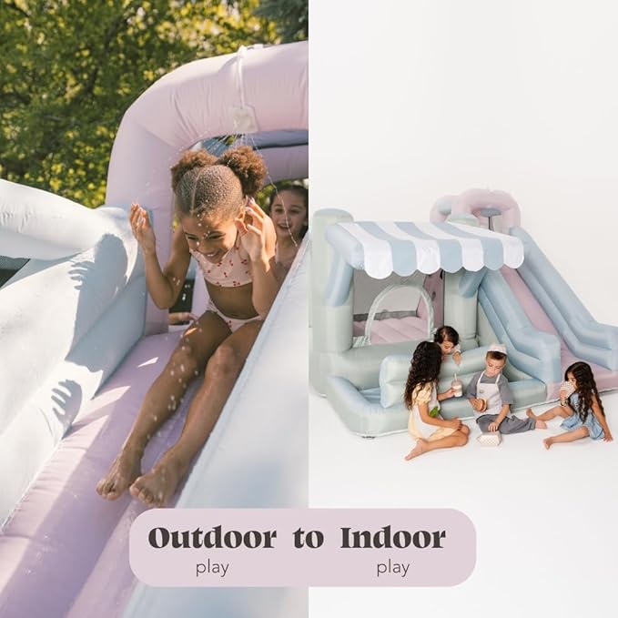PLAYSMOL Market Splash Water Slide Bounce House, Inflatable Water Slide with Climbing Wall & Sprinkler, Features Market Counter for Pretend Play, Ages 3-8