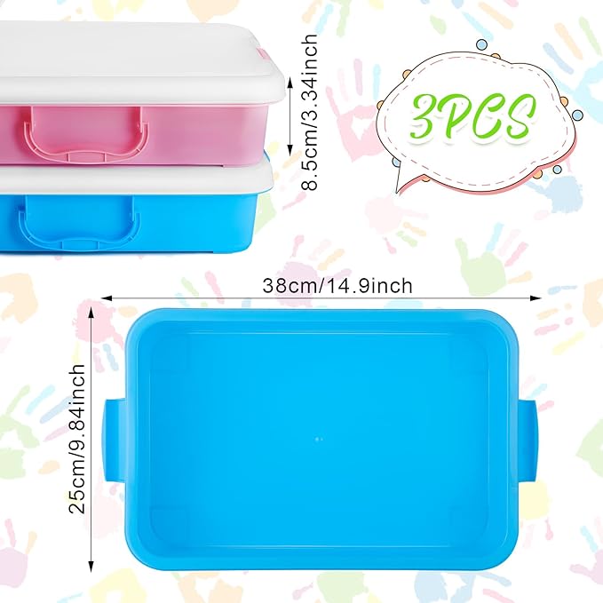 Suzile 3 Pcs Portable Sensory Bin Sand Tray with Lid, 15 Inch Colorful Plastic Sandbox Toy, Large Play Tray Fill with Sand, Water, Beads, and More, 3 Colors(Pink, Green, Blue)