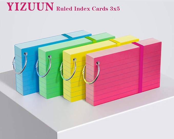 Colored Index Cards 3x5, YIZUUN Flash Cards with Ring, 200 PCS, Ruled Note Cards, Flash Cards for Studying, 3x5 Note Cards for Office, Home, School