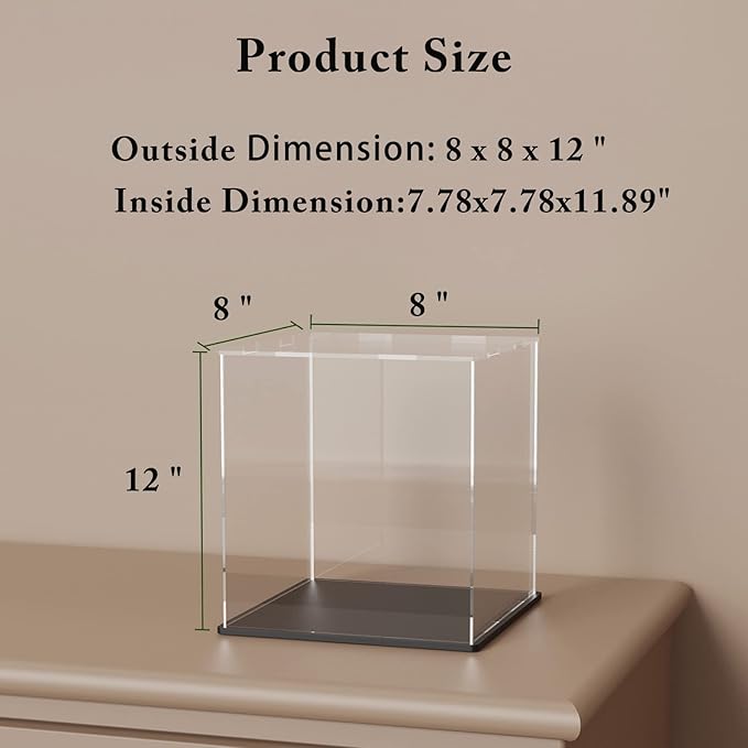 SVENJBB Acrylic Display Case, 8x8x12 Inch Cube Acrylic Boxes for Display, Clear Display Cases with Matte Black Base and Lid for Collectibles and Figures