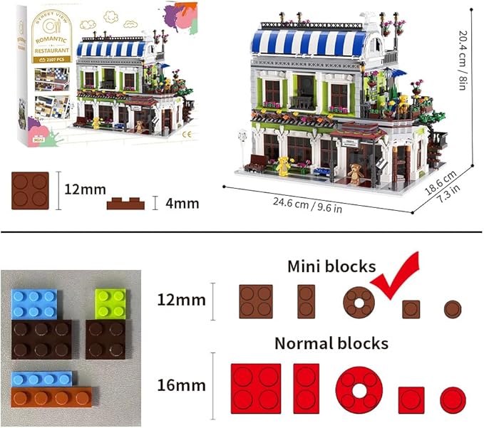 Romantic Restaurant Building Toys, Flowers City Hotel House Building Kit with Bear Mini Bricks, City Street House Construction Toys, 2107Pcs Mini Bricks