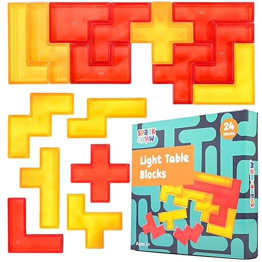 SPARK & WOW Light Table Blocks, 12 Shapes and Two Colors, Toddler Sensory Building Blocks, Translucent Light Table Manipulatives, Sensory Toys for Toddlers