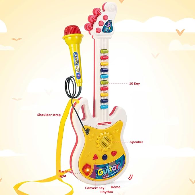 Toddler Guitar, Baby Musical Toys for Toddlers, Montessori Toys for 2 3 4 Year Old Boys Girls Pretend Play Gifts - Kids Guitar with Microphone & Piano Set Present for 1st First Birthday Christmas