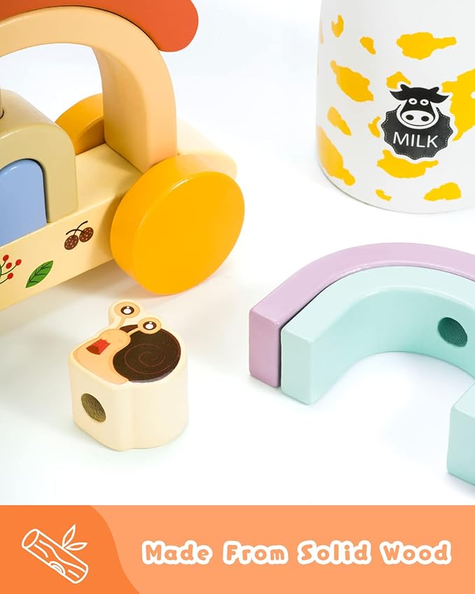 Wooden Snail Pull Along Toy, Walking Along Pull Toys for Toddlers, Wood Snail Rainbow Stacker with Wheel, Birthday Gift to Developing Hand-Eye Coordination, Grasping, Motor Skill