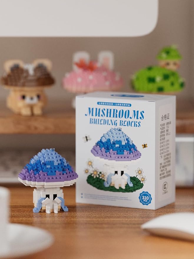 Blue Mushroom Mini Cute Mushroom Animals Building Toy Set Adorable Plant Blocks for Creative Play Bonsai Botanical Collection