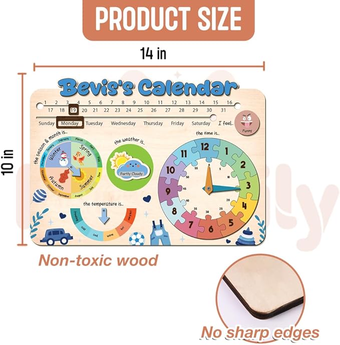 Interactive Calendar for Kids Ages 3+, Wooden Toddler Calendar, Teaching Seasons, Years, Months, Days of Week, Daily Activity Calendars for Kid Preschool & Homeschool (04 - boy Name)