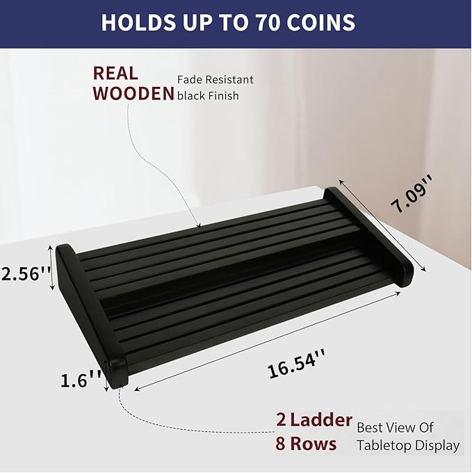 Challenge Coin Display Holder, 8 Rows Solid Wood Military Coin Stand Holds 60-70 Coins, Army Coin Display Rack for Desk (Black Finish)