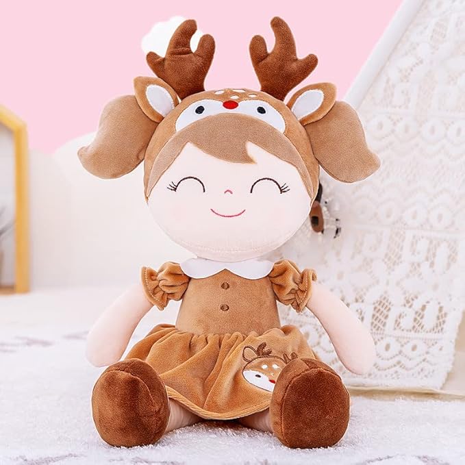 Gloveleya Plush Baby Doll Girl Gifts – 16 Inch Soft Elk Deer Doll with Gift Box, Brown Toddler Girl Birthday Present, Keepsake First Plush Toy for Nursery, Christmas
