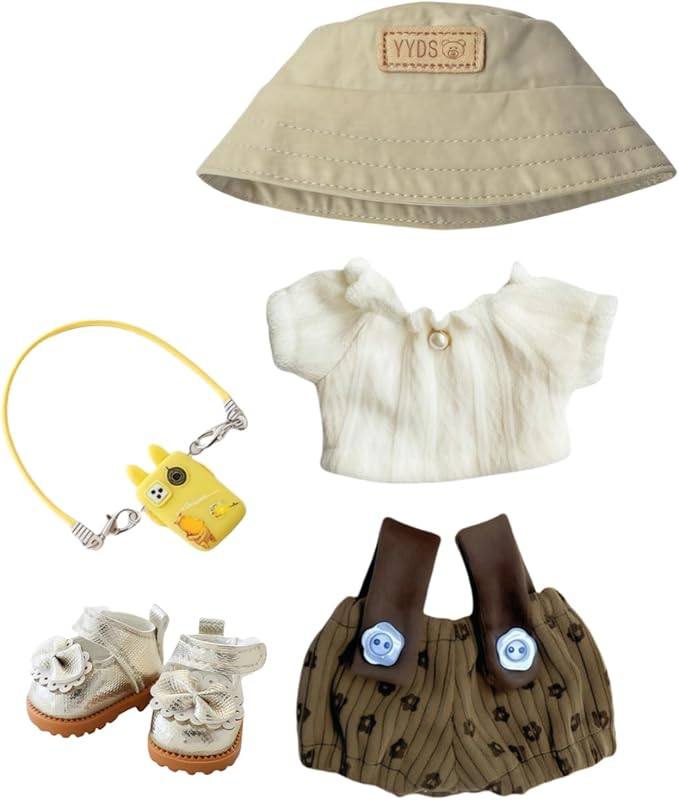 Clothes for Dolls Accessories (No Doll), Cute Outfit Set 5 Pieces Bib Pants for 15 & 17cm Doll Suit, Stylish Dress Up Overalls Doll Clothing Set Replacement with Hat Clothes Shoes Brown