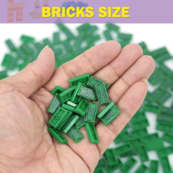 MALEKO Money Tiles Bank Bill Accessories, 200 Pieces 100-Dollar Green 1x2 Tiles, Bulk Building Toy Parts, Compatible with All Major Brands