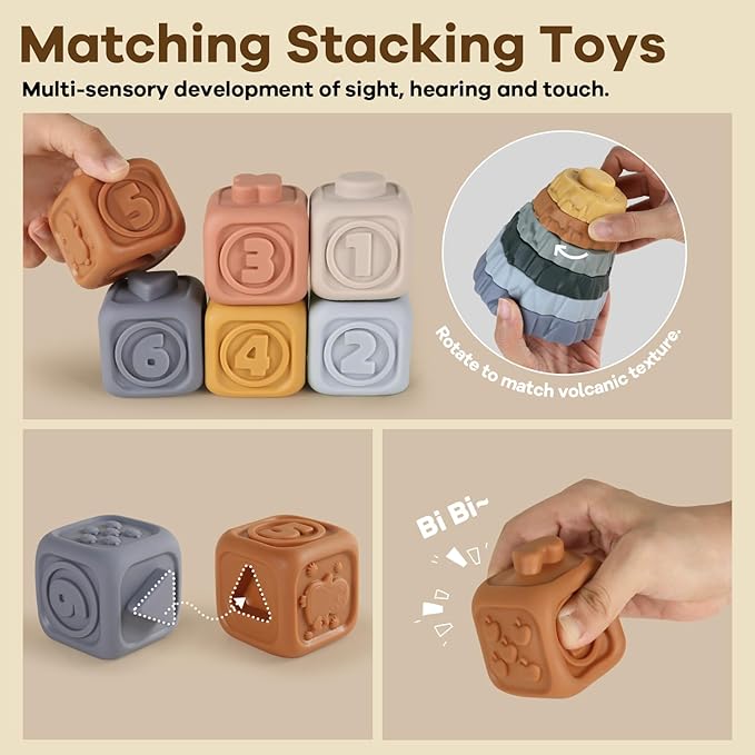Stacking Rings & Nesting Building Blocks for Babies 6 12 18 Months, 14 Pcs Soft Stacker Teething Toys with 2 Dinosaur, Montessori Learning Toys for Infant Toddler Boys Girls