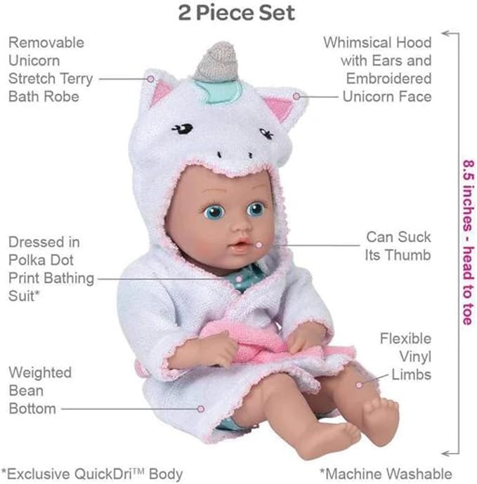 ADORA Bath Time Baby Tots Collection, 8.5" Baby Doll and Clothes Set, Made with Fresh Powder Scent, Machine Washable and Exclusive QuickDri Vinyl Body, Birthday Gift for Ages 1+ - Unicorn