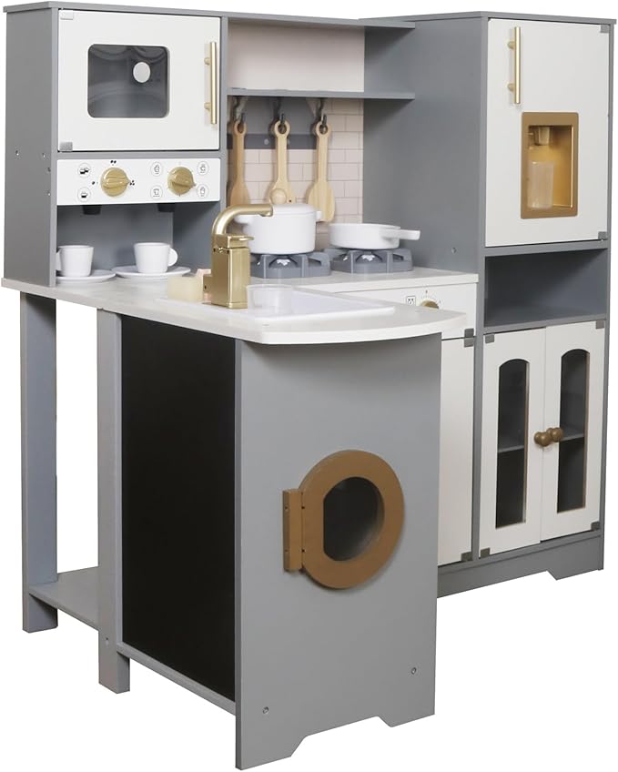 Large Wooden Corner Toy Kitchen Playsets with Real Running Water, 2 in 1 Water Dispenser with Ice Maker, Play Stove with Light and Sounds for Toddlers, Preschoolers, Children Age 3+ Years