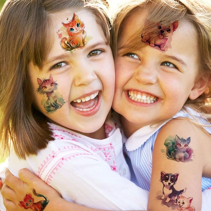 Watercolor Puppy and Kitten Temporary Tattoos for Kids, 10 Sheets Cute Watercolor Dog Cat Pet Tattoos Birthday Party Supplies Gifts Decoration