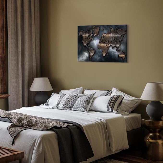 artgeist Canvas Wall Art World Map 24x16 in - 1pcs Home Decor Framed Stretched Picture Photo Painting Artwork Image - Abstract Continents Map World Map Sky k-A-0501-b-a