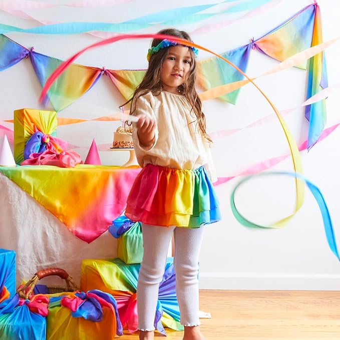 Sarah's Silks Rainbow Streamer - 8' Long Ribbon Wand for Kids, Pretend Play, Dance, Baton Stick Twirling, and Gymnastics Party Favors | 100% Silk and Wood Montessori and Waldorf Toys