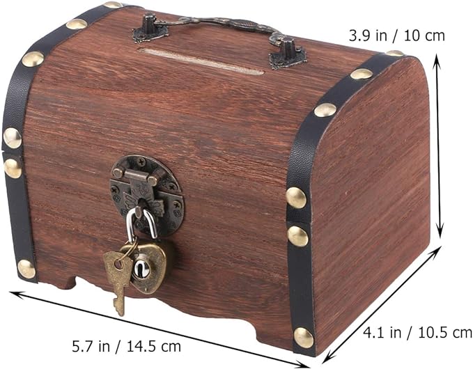 Piggy Bank: Vintage Wood Treasure Chest Rustic Small Wooden Box Decorative Coin Bank Money Bank Money Saver Storage Box for Wedding Home Decor