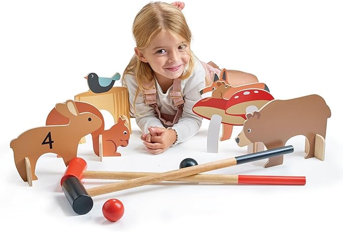 Tender Leaf Toys - Woodland Indoor Croquet Set - 17 Piece Portable Wooden Forest Themed Sports Toy for Boys and Girls - Boost Motor Skills and Hand-Eye Coordination - Interactive Family Game - Age 3+