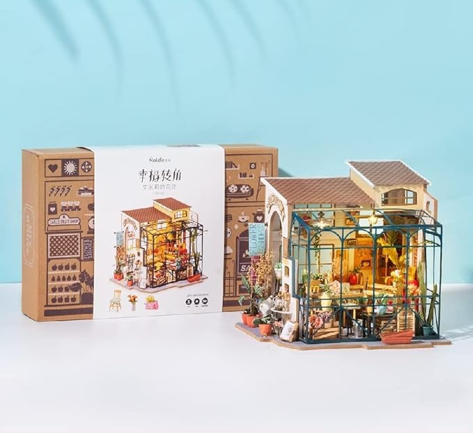 Rolife DIY Miniature House Kit Flower Shop, Tiny House Kit for Adults to Build, Mini House Making Kit with Furniture, Halloween/Christmas Decorations/Gifts for Family and Friends(Emily's Flower Shop)