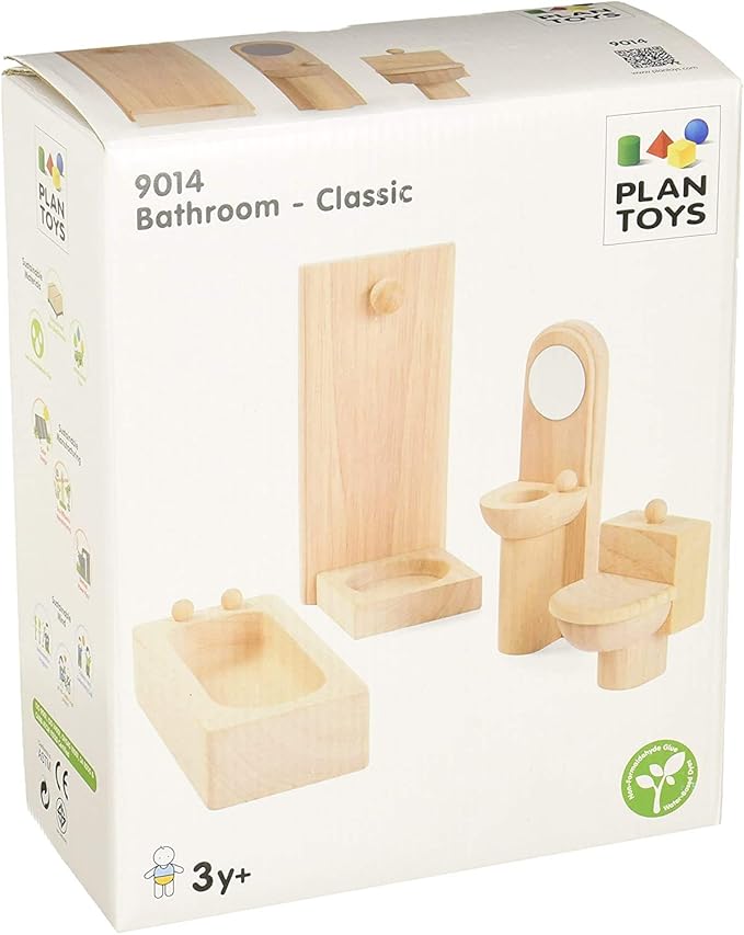 PlanToys Wooden Classic Line of Dollhouse Furniture- Bathroom Set (9014) | Sustainably Made from Rubberwood and Non-Toxic Paints and Dyes | PlanNatural Classic Wooden Toy Collection