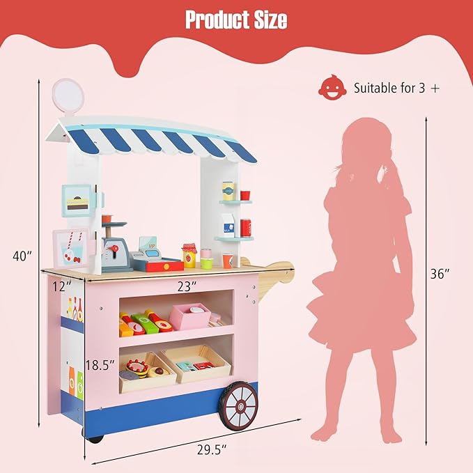 Costzon Kids Grocery Store Playset, Toddler Pretend Market Stand Shop Play Set w/ 30PCS Play Toy, Beverage Rack, Cash Register, Scale, Large Wheels, Wooden Food Cart, Gift for Boys Girls 3+ (Pink)