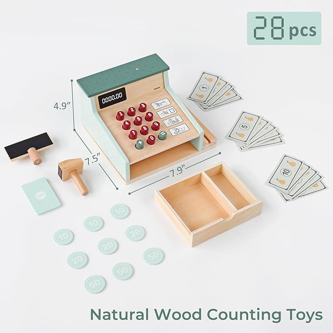 PairPear Wooden Toy Cash Register,Kids Pretend Play Money Counting Toys with Scanner and Credit Card,Toddler Cashier Toy Grocery Play Food Accessory for Pre-School Gift Boys Girls 3+