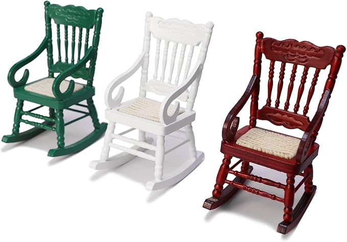 Dollhouse Miniature Rocking Chair 1:12 Scale Wooden Furniture Accessories Tiny Mini House Home Outdoor Cake Topper Decoration Model Living Room Scene Christmas Craft Displays (White)